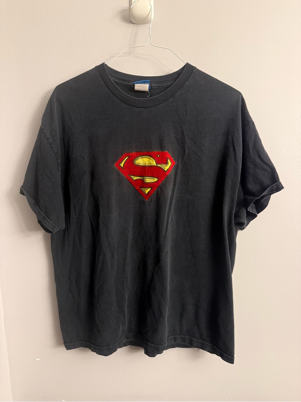 Superman Y2K Flocked Logo T-Shirt Men’s XL Faded Black DC Comics